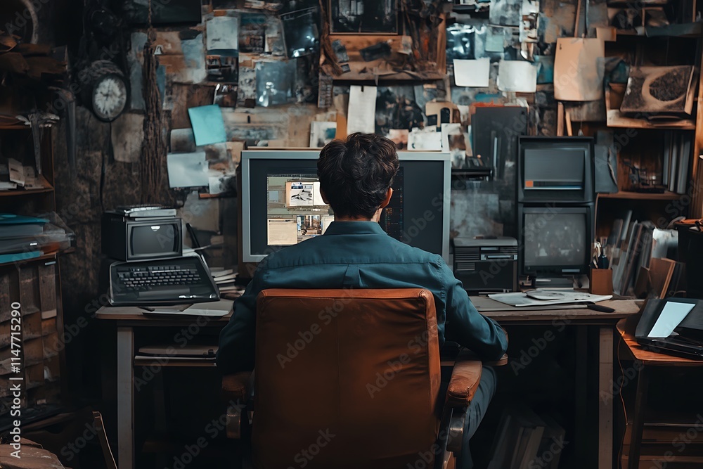 Poster man working at cluttered retro computer desk. concept of nostalgia, technology, work.