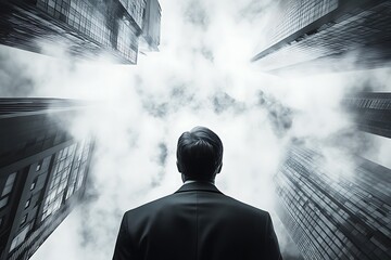 Businessman looking up at city skyscrapers. Concept of ambition, leadership, and urban environment.