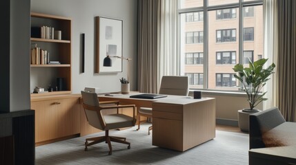 Fototapeta premium Minimalist modern home office with clean, functional design. Featuring neutral tones and sleek furniture