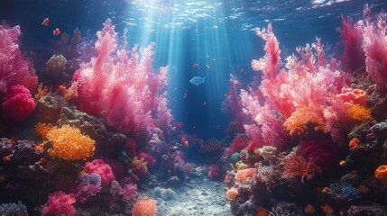 Naklejka premium Vibrant coral reef, colorful fish, sunlit ocean.
