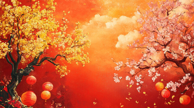 Tet Nguyen Đ&aacute;n banner, colorful design with yellow apricot tree and pink peach tree in bloom, decorated with red lanterns, Ai generated images