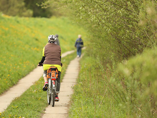 An old gray-haired woman rides a bicycle among the greens. A healthy and active part of life. Ecological transport for the population. Free time for retirement. Movement in space. Sports for the elder