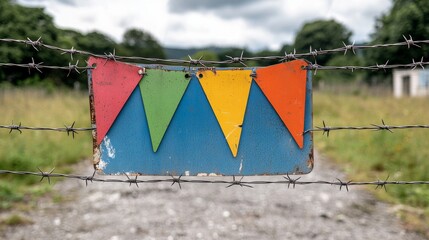 Torn Festival Sign on Barbed Wire Fence