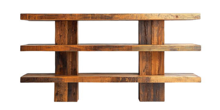  Wooden shelf with three horizontal tiers crafted from rustic timber, perfect for modern interiors, offering minimalist yet sturdy design. Neutral background highlights its simplicity.