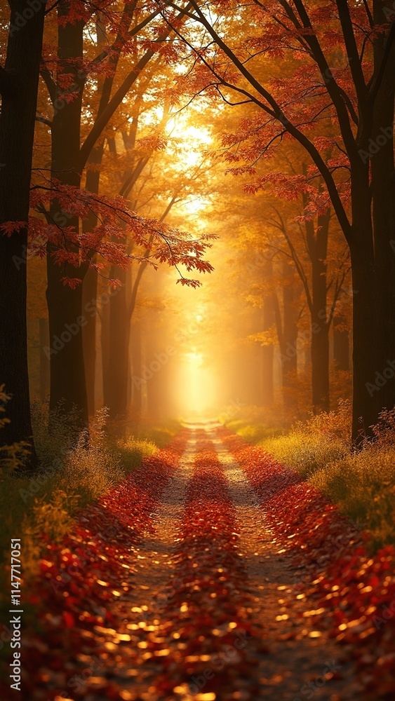 Poster a serene autumn path illuminated by the sun, with trees shedding their leaves