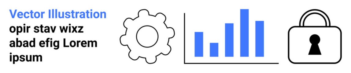 Gear, bar chart, and padlock icons in black and blue represent data analysis and security concepts. Ideal for IT security, business analytics, software development, online privacy, data protection