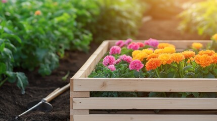 A vibrant garden featuring colorful flowers in a wooden crate surrounded by rich soil, capturing the essence of gardening and nature's beauty.