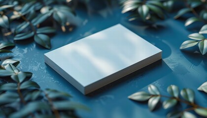A white card is on a blue surface with green leaves