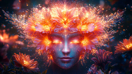 Fiery floral goddess, glowing eyes, surreal art.