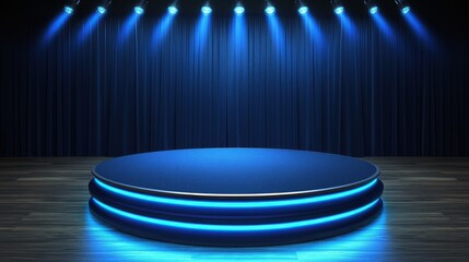 Illuminated Stage Platform with Blue Lighting and Curtains