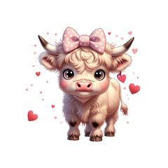 Cute brown calf with pink bow surrounded by hearts and floral elements for Valentine's Day celebration