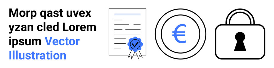 Document with blue check mark seal, Euro currency symbol inside circle, padlock with keyhole. Ideal for financial security, certification, payment systems, data encryption, digital transactions