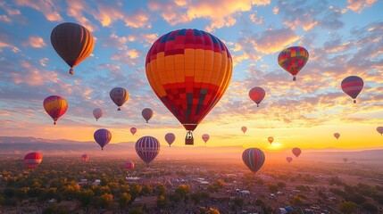 Naklejka premium Sunrise hot air balloons festival scenic landscape.