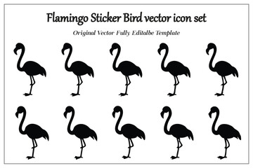 Flamingo Sticker Bird vector icon set, silhouette style white background.