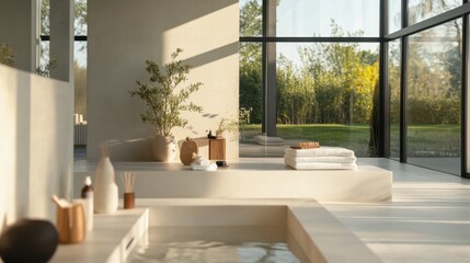 Minimalist modern home spa with clean, serene design. Featuring neutral tones and sleek spa features