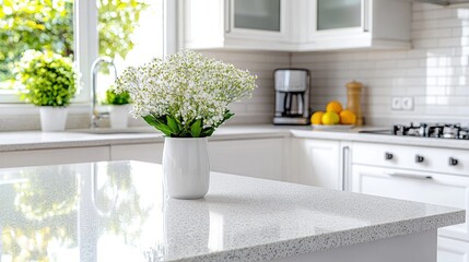 Fototapeta premium White flowers in vase on modern kitchen counter.