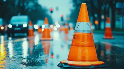 A rainy street scene features bright orange traffic cones, creating a striking contrast against the wet pavement and blurred headlights of passing vehicles.