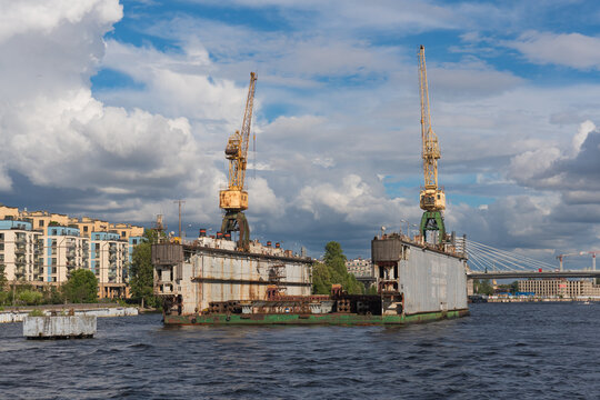 Saint Petersburg, Russia - August 12, 2024: ALMAZ Shipyard is shipbuilding enterprise in Saint Petersburg. The company specializes in the construction of high-speed ships and boats. High-quality photo