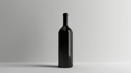 A black wine bottle is sitting on a white background