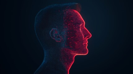 Obraz premium This digital artwork showcases a futuristic profile of a human head, illuminated with vibrant red and blue neon lights, symbolizing advanced technology.