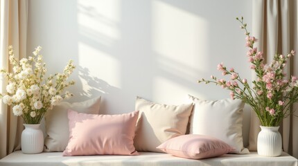 A beautifully arranged spring home décor scene featuring pastel-colored cushions, floral arrangements