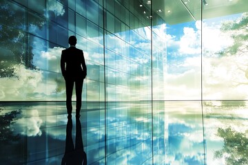 Businessman Contemplating, Modern Office, Reflection, Sky View