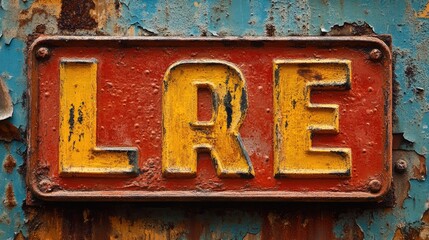 Rusty sign, LRE, yellow letters, red background.