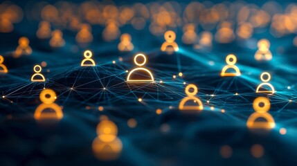 The image depicts a digital network of interconnected user icons, symbolizing connectivity and interaction in a virtual environment.