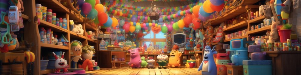 Fototapeta premium A vibrant animated scene depicting colorful toys and cheerful characters in a whimsical store interior.