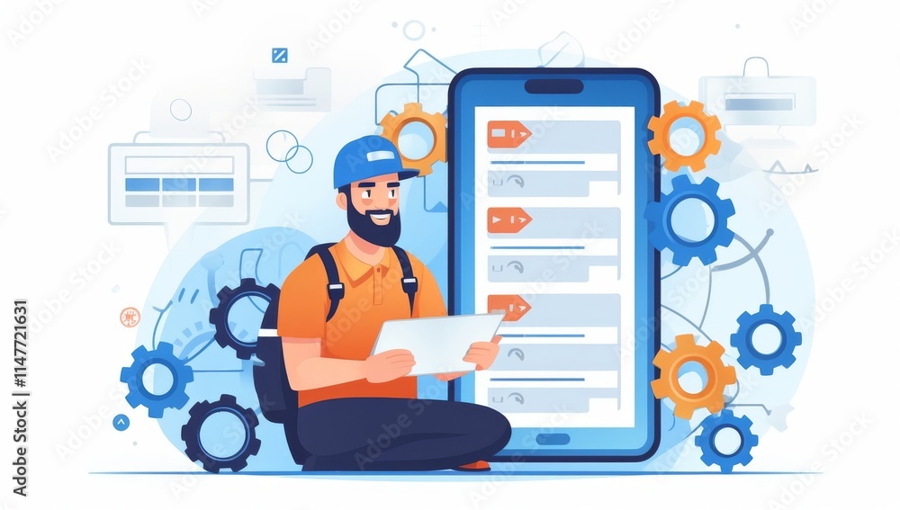 Poster mobile app development: a delivery man using a new app interface