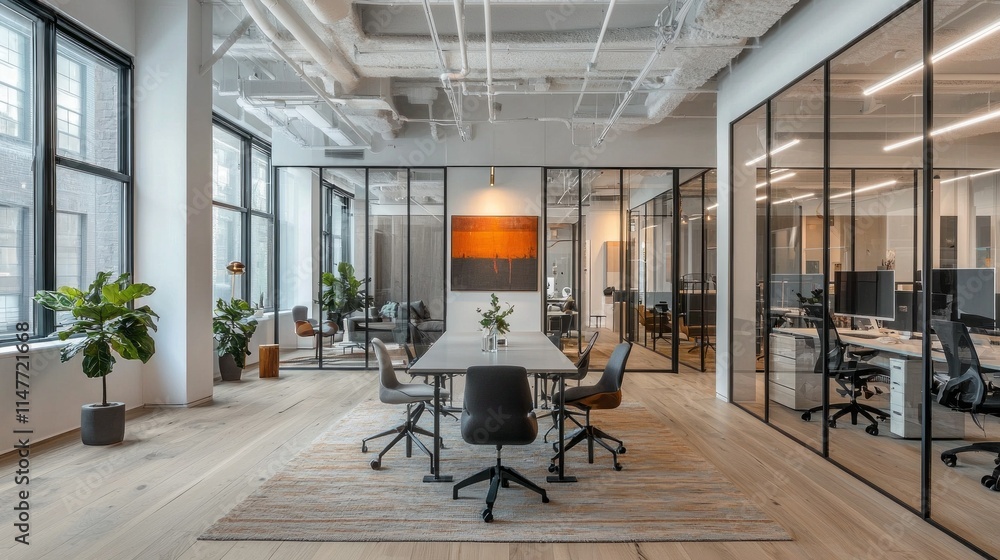 Poster A large open office space with a long table in the middle