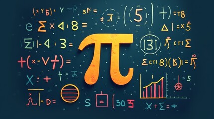 An illustration of the pi symbol (π) surrounded by mathematical equations and geometric shapes