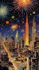 A vibrant night skyline bursting with colorful fireworks over a futuristic cityscape.