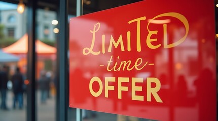 Bold red limited time offer signs on a modern store display, with soft reflections on the glass and an inviting retail setting, creating urgency for shoppers.