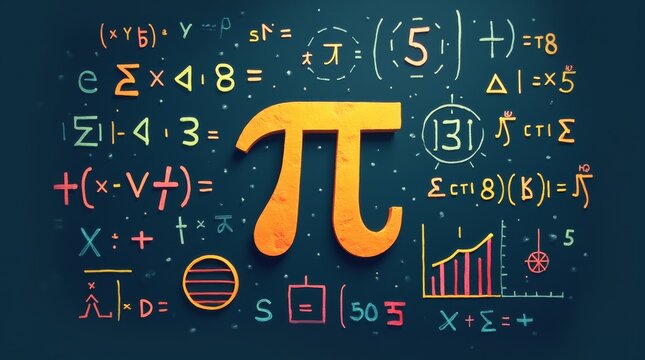 An illustration of the pi symbol (&pi;) surrounded by mathematical equations and geometric shapes