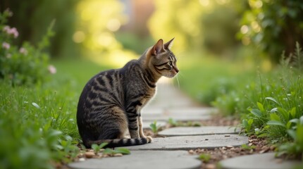 Obraz premium European short-haired cat sitting on a stone path in a green garden, soft sunlight highlighting the fur, creating a calm and peaceful scene with natural elements.