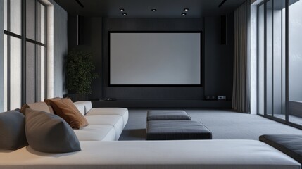 Fototapeta premium Minimalist modern home theater with clean, sophisticated design. Featuring neutral tones and sleek lines