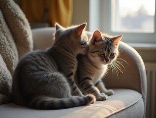 Two European shorthair cats sitting together on a couch, basking in soft window light, creating a warm, peaceful scene that emphasizes their close companionship.