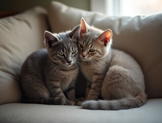 Two European shorthair cats sitting together on a couch, basking in soft window light, creating a warm, peaceful scene that emphasizes their close companionship.