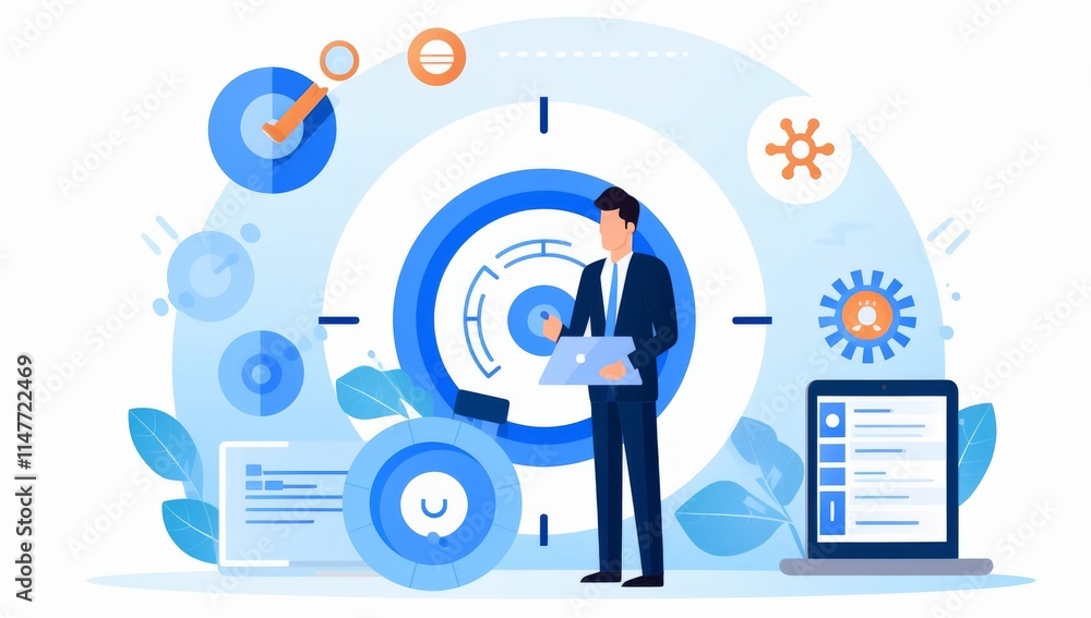 Poster businessman using technology for efficient workflow and project management