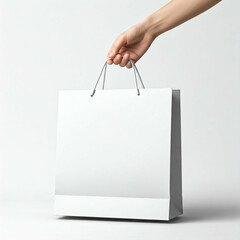 white paper shopping bag held by hand on white background mockup
