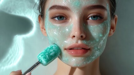 A close-up of a person applying a green facial mask for skincare.