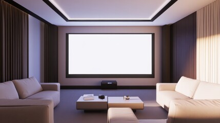 Minimalist modern home theater with clean, stylish design. Featuring neutral tones and sleek furnishings