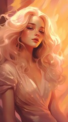 A serene young woman with long, wavy blonde hair gazes softly at the viewer against a backdrop of warm golden hues.