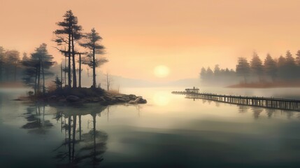 Naklejka premium A tranquil sunset over a serene lake, featuring silhouetted trees and a wooden dock.