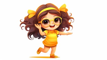 Cheerful Girl with Yellow Outfit and Glasses,  Cartoon Style Illustration