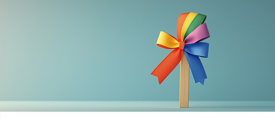 Fototapeta premium Colorful Rainbow Bow on Wooden Post.