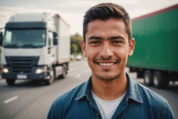 Close portrait of a smiling young Mexican male truckdriver looking at the camera, against Mexican blurred background.