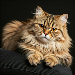 closeup of a fluffy brown and white cat with golden eyes relaxing on a black couch