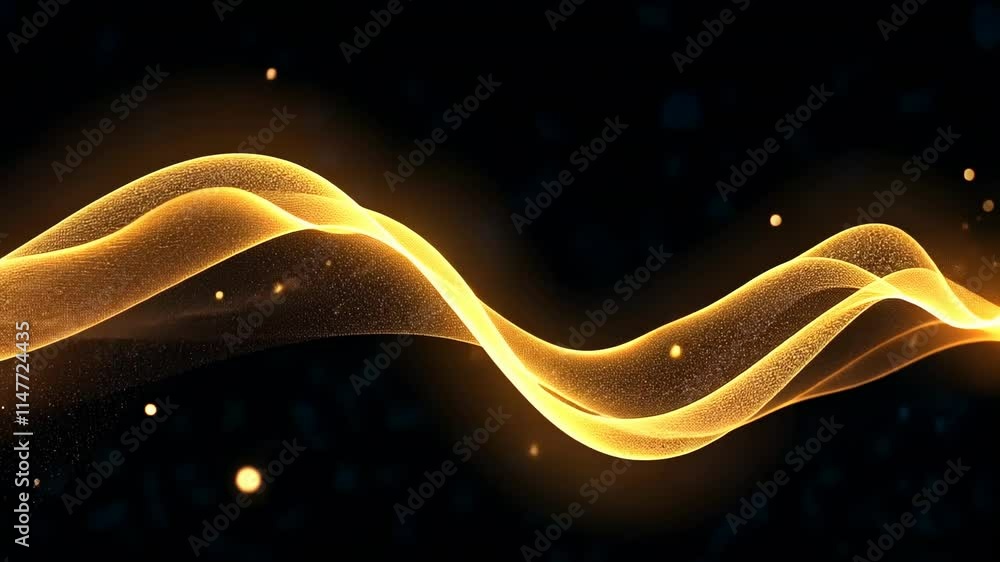 Poster Mesmerizing video with swirling golden light trails and sparkling particles on deep black. Elegant and luxurious abstract motion design. Perfect for premium visuals.